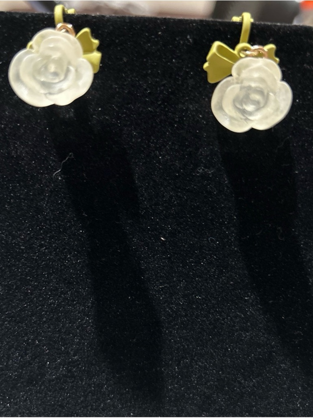 White Resin Rose Drop Earrings with Yellow Accents clip on earrings